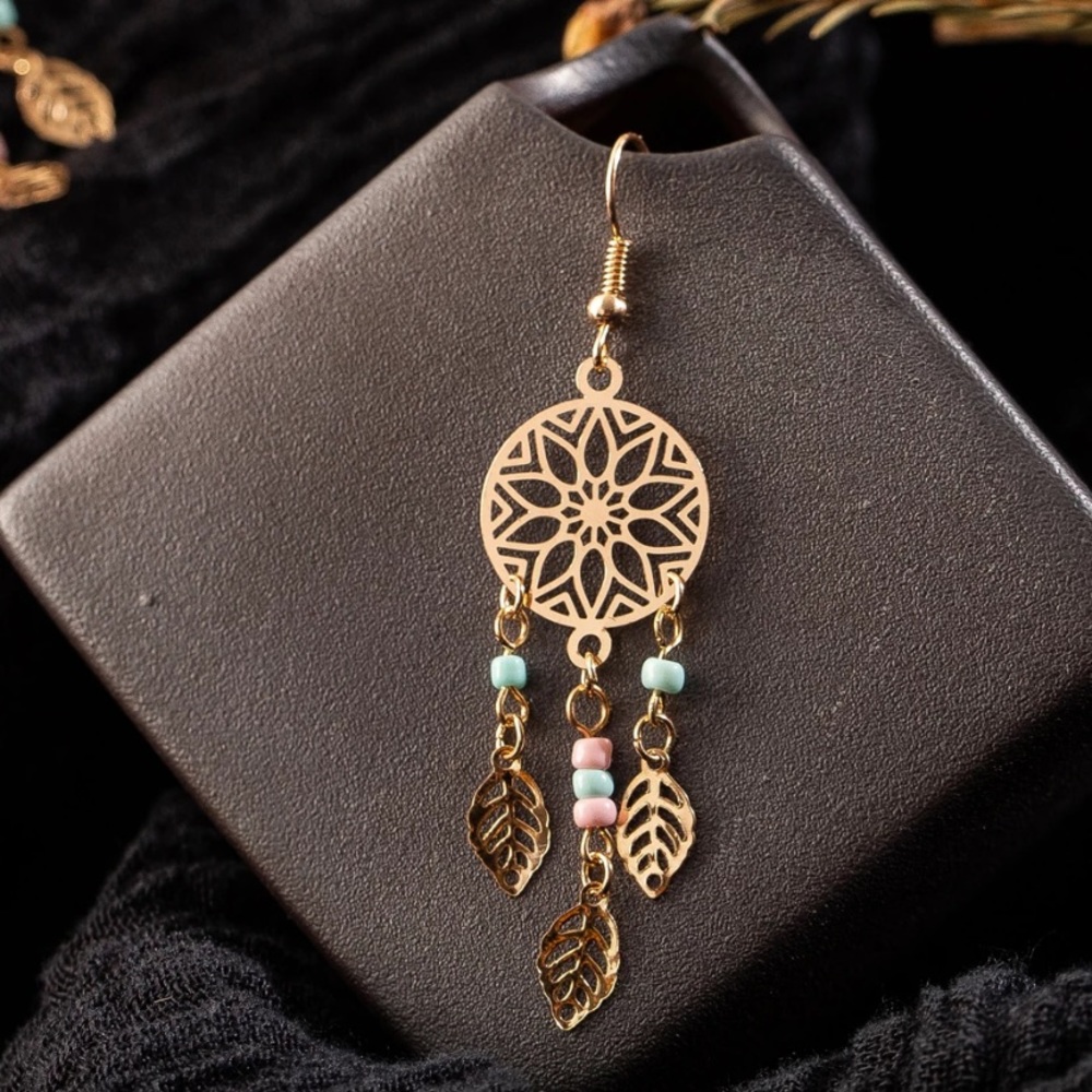 Gold Pink Mint Beaded Leaf Dream Catcher Earrings - Picture 2 of 4